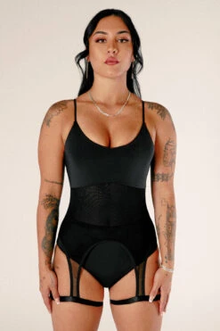 CXIX Baddies Garter Bodysuit - Onyx -Pole Dance Clothing & Shoes Shop BaddiesGarterBodysuitBlackFront2