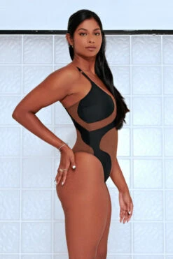 CXIX Silhouette One-Piece Bodysuit - Black With Cocoa Mesh -Pole Dance Clothing & Shoes Shop Cocoa CXIX Shilouette Mesh bodysuit dance poledance