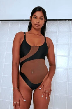 CXIX Silhouette One-Piece Bodysuit - Black With Cocoa Mesh -Pole Dance Clothing & Shoes Shop Cocoa CXIX Shilouette Mesh bodysuit dancewear poledance