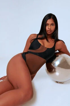 CXIX Silhouette One-Piece Bodysuit - Black With Cocoa Mesh