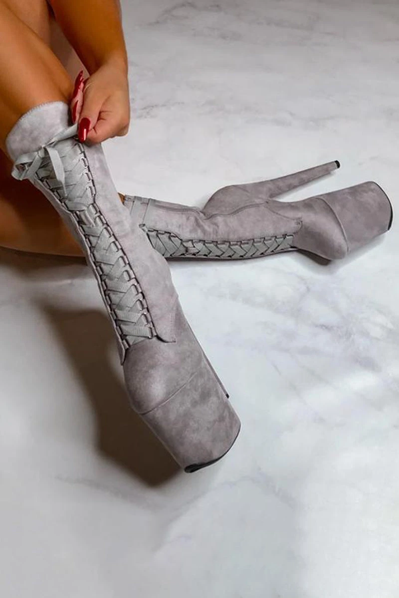Hella Heels High BabyDoll 8inch Boots - Light Grey 2 Hella Heels High BabyDoll 8inch Boots - Light Grey - Image 2
