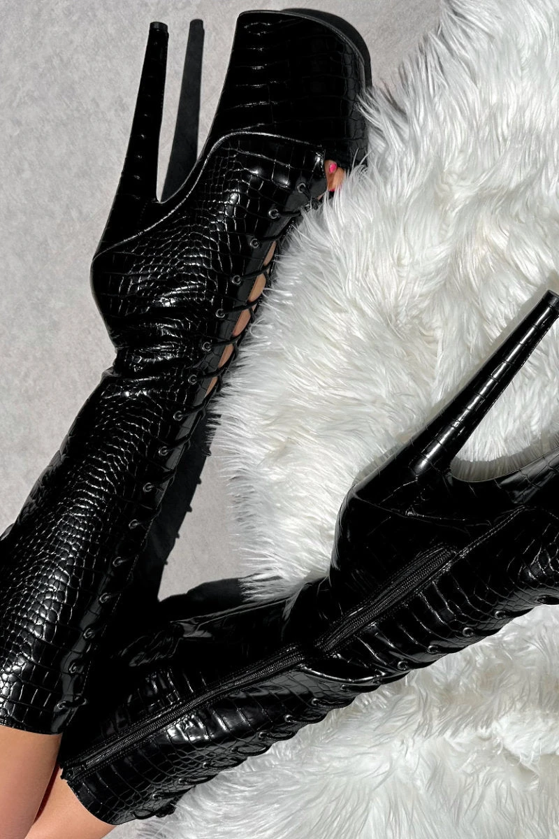 Hella Heels Cold Blooded Black Open Toe Knee High Boots - 8inch 5 Hella Heels Cold Blooded Black Open Toe Knee High Boots - 8inch - Image 5