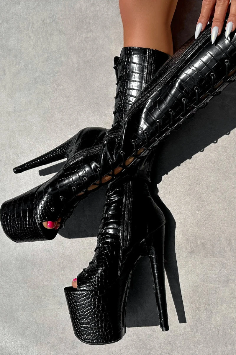 Hella Heels Cold Blooded Black Open Toe Knee High Boots - 8inch 1 Hella Heels Cold Blooded Black Open Toe Knee High Boots - 8inch