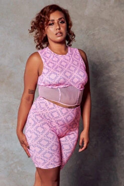 CXIX 119 Biker Shorts - Pink Print -Pole Dance Clothing & Shoes Shop Pink Cropped Tee Dancewear Fashion Monogram