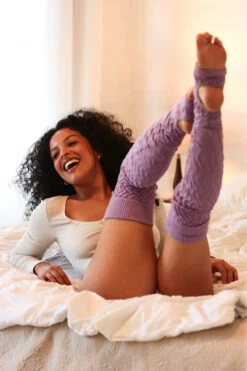 Rolling Cable Knit Thigh High Leg Warmers With Stirrups - Lavender