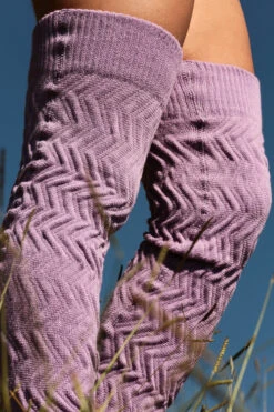 Rolling Cable Knit Thigh High Leg Warmers With Stirrups - Lavender -Pole Dance Clothing & Shoes Shop Rolling 1993