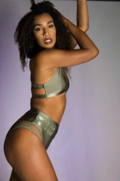 Tatiana Activewear Isla Shorts - Shiny Khaki -Pole Dance Clothing & Shoes Shop Tatiana Active Isla Shiny Khaki High Waisted Mesh Low Cut Pole Wear Set 2 2