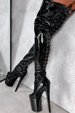 Pole Dance Clothing & Shoes Shop 21 Hella Heels LipKit Thigh High Back Lace 8inch Boots - Black Beatle