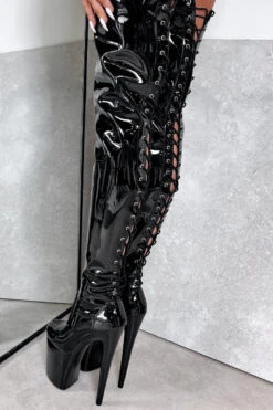 Hella Heels LipKit Thigh High Back Lace 8inch Boots - Black Beatle -Pole Dance Clothing & Shoes Shop ThighHigh BlackBeatle 8INCH3