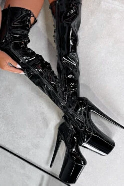 Hella Heels LipKit Thigh High Back Lace 9inch Boots - Black Beatle -Pole Dance Clothing & Shoes Shop ThighHigh BlackBeatle 9INCH5