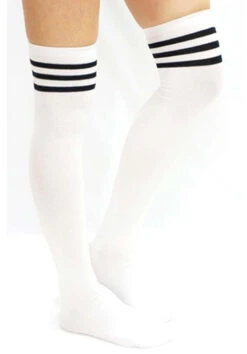 Lunalae Thigh High Socks - White/Black -Pole Dance Clothing & Shoes Shop white sock black stripe side